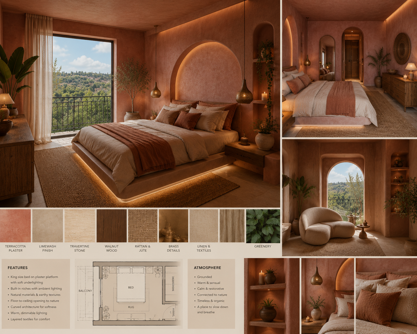 Terracotta guest room design board from the Batroun Hotel proposal
