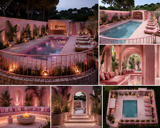 Alternate pool garden concept board with a rose-toned courtyard pool