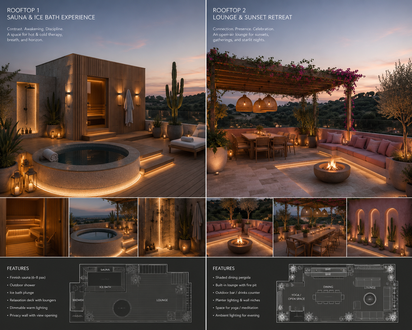 Rooftop wellness and sunset lounge design board from the Batroun Hotel proposal