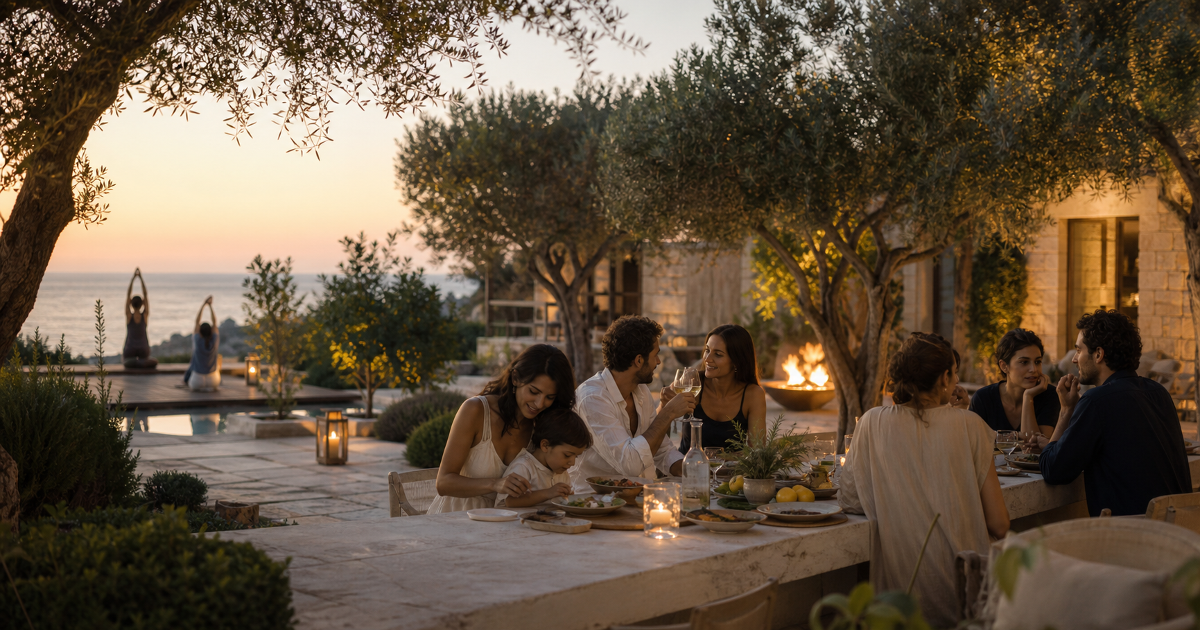 A long dinner table under olive trees