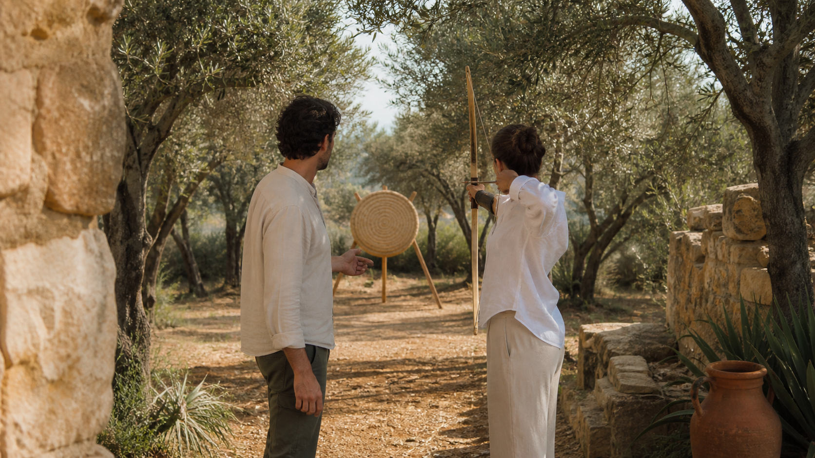 Archery practice among the trees