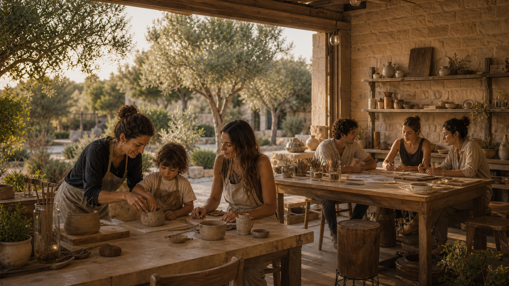 Kids shaping pottery in a creative studio