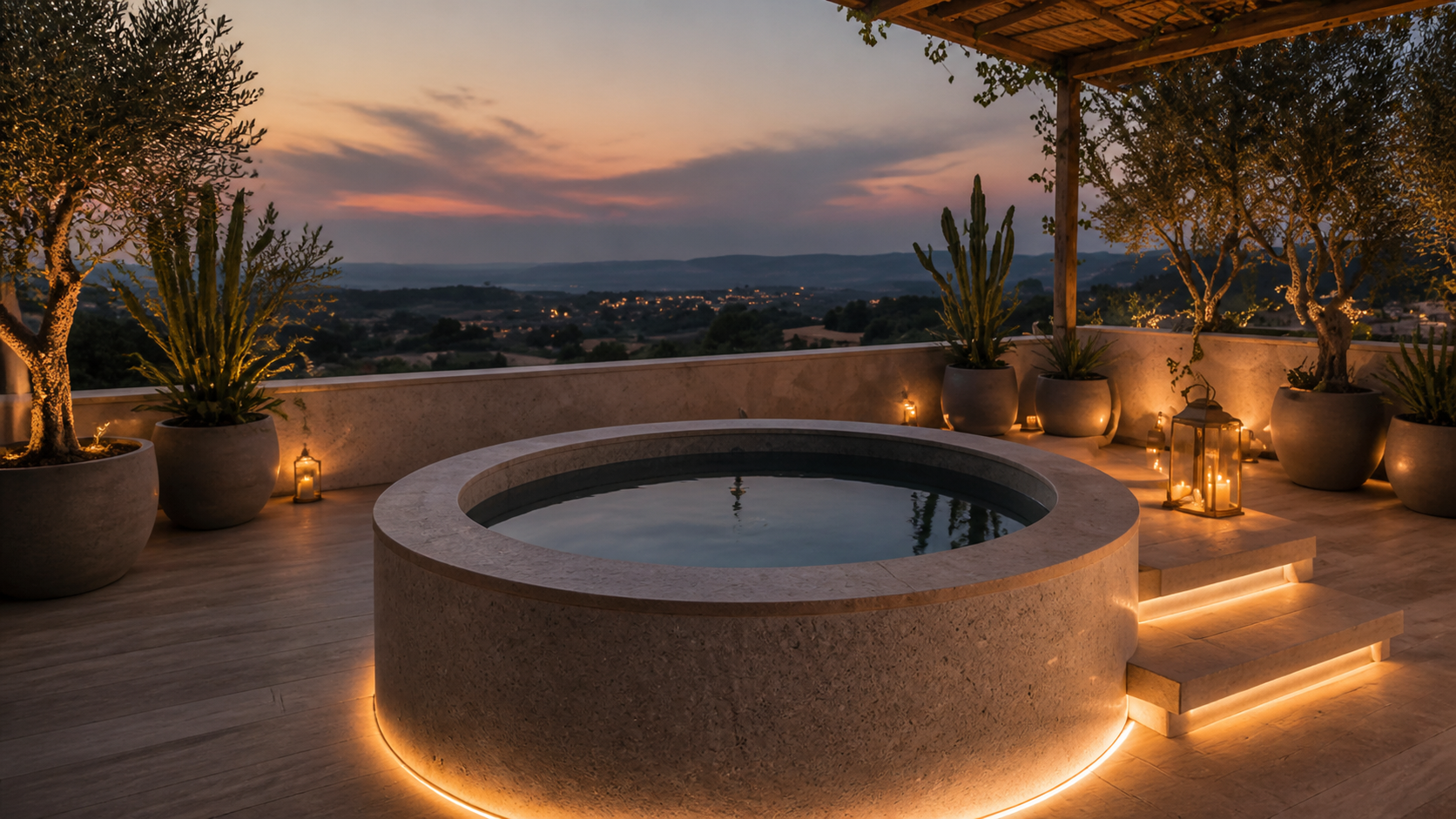 An ice bath beside the rooftop sauna