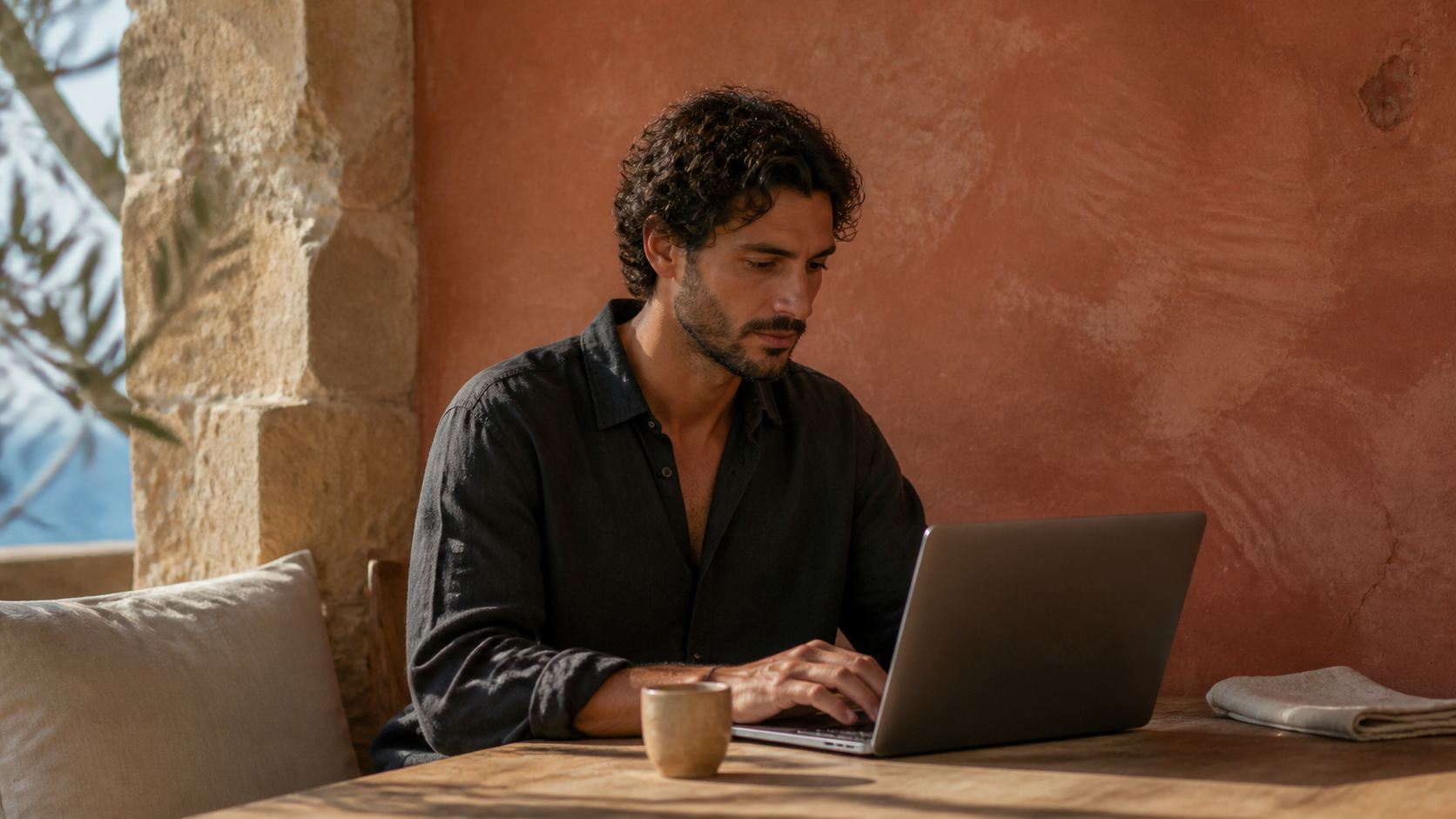 Focused work at a terracotta desk
