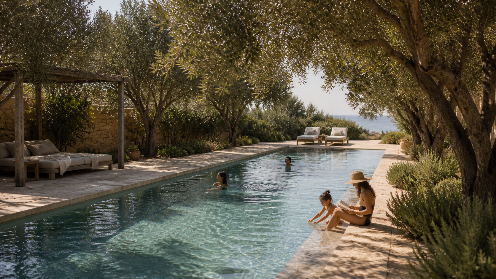 A quiet stone pool among trees
