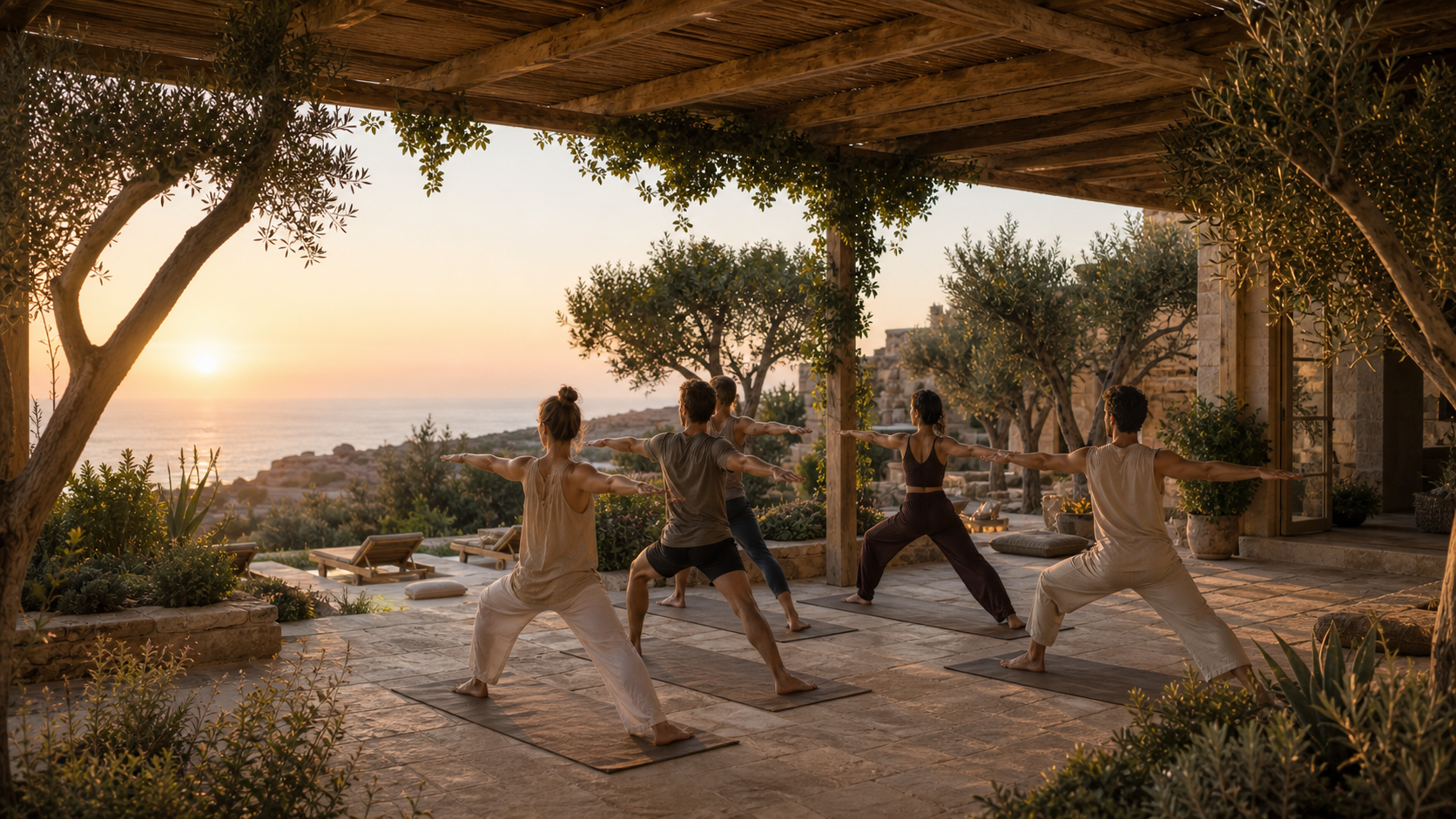 Sunrise yoga on an open-air stone deck